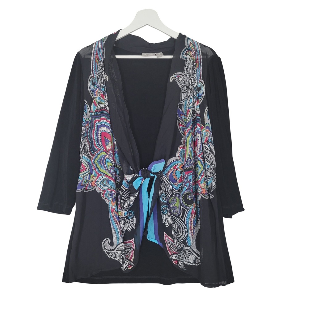 Chicos Travelers Cardigan Womens Size 3 Black Paisley Sheer Tie Front BOHO